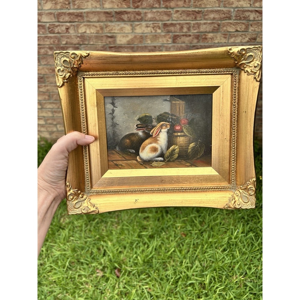 Robert Grace Rabbit Framed Oil Painting Art 9x11  Signed Ornate Gold Frame VTG